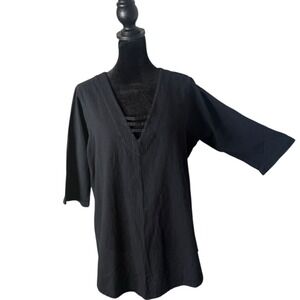 Cottonseed Tunic Top Size S Black Strappy V Neck 100% Cotton Artsy Lagenlook‎